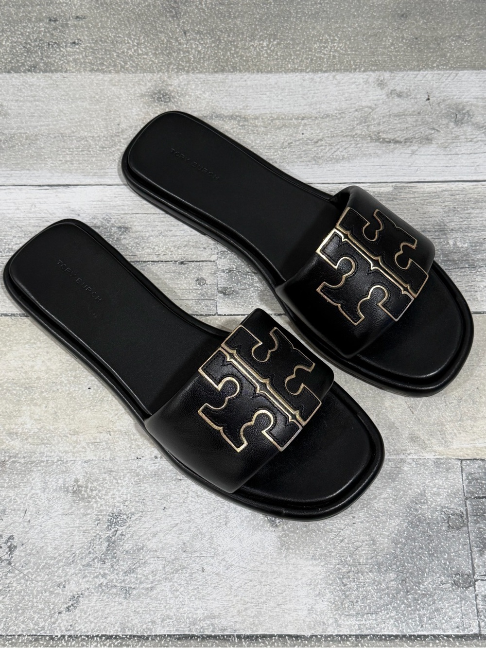 TORY BURCH Double T Sport Slide Sandal - Perfect Black/Gold Sz - 10.US Women’s